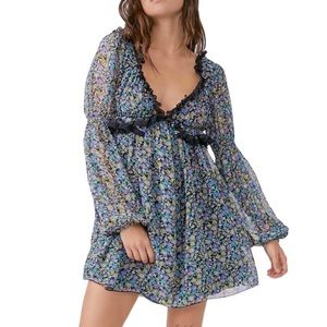 NWT FREE PEOPLE Pennie Babydoll Minidress in Green Combo